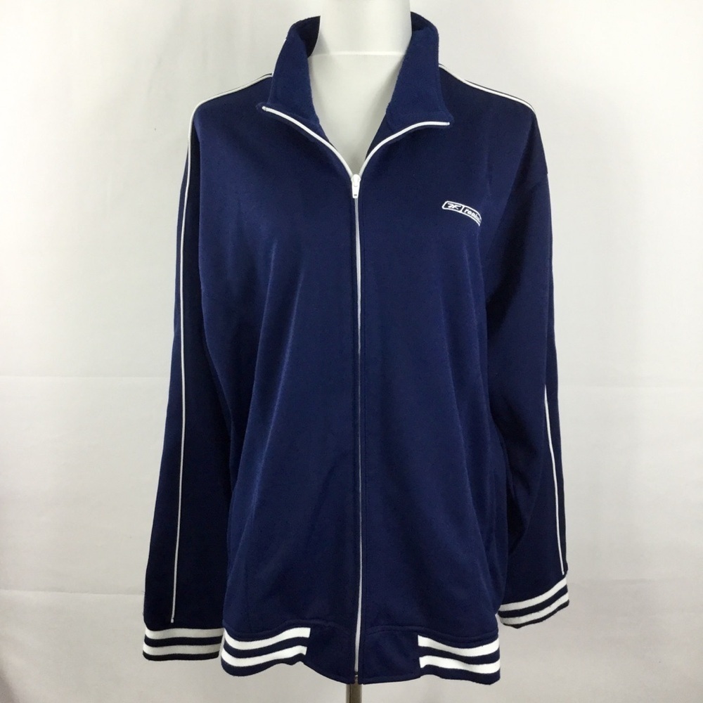 Vintage REEBOK Navy Blue White Zip Up Logo Embroidered Jacket Men's Size X-Large